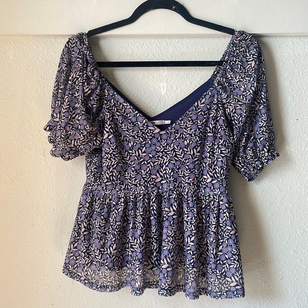 Mi Ami cropped sheer floral printed blouse with sheer sleeves
